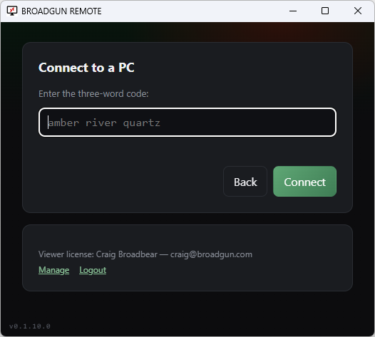BROADGUN REMOTE connect screen